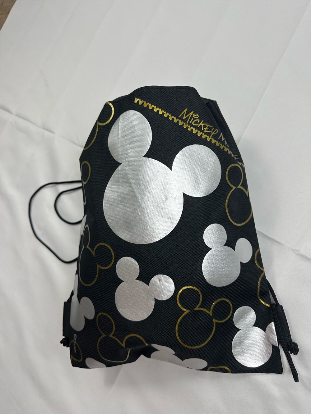 Disney Black Drawstring Bag with Silver and Gold Mickey Icons